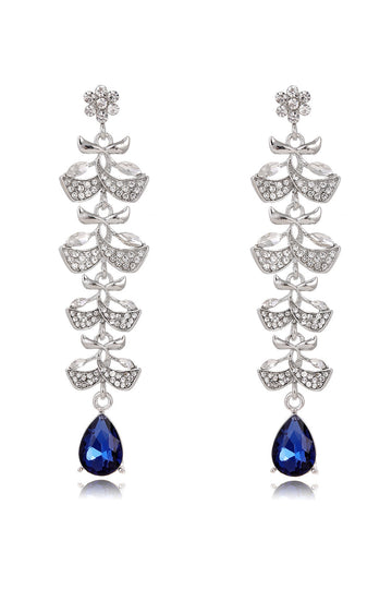 Pendientes largos de gota de agua con borla de hoja azul real
